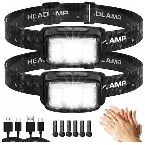 Lampe frontale Super LED 2 pièces rechargeable par USB, lampe frontale à détecteur de mouvement de 2000 lumens, 16 modes d'éclairage, étanche et légère, adaptée à l'extérieur [Classification én