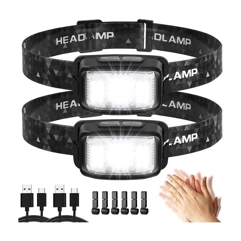 Lampe frontale Super led 2 pièces rechargeable par usb, lampe frontale à détecteur de mouvement de 2000 lumens, 16 modes d'éclairage, étanche et