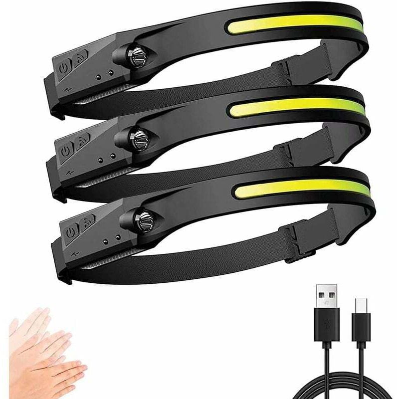 Lampe Frontale, Torche Frontale LED USB Rechargeable Puissante avec 350 LM, 3 Modes d'Eclairage, Induction Manuelle, Étanche et Léger pour Pêche,