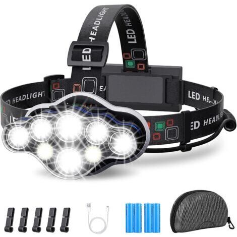 Lampe Frontale,Torche Frontale 18000 Lumens 8 LED 8 Modes d'éclairage, Lampe Frontale LED Ultra Puissante Rechargeable USB 90° Réglable Étanche et Léger Pour Pêche,Camping,Lecture,Randonnée [Classe én