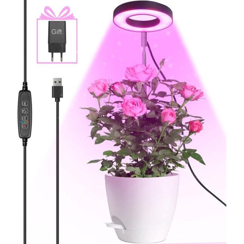 Lampe horticole LED rotative à 180°, à spectre complet, pour plantes d'intérieur, avec minuterie 3/9/12 heures, adaptateur USB, 3 modes d'éclairage