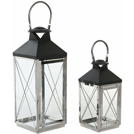 Lampe Lampe Set 2 Stahlglas 18x18x43 Glas Chrom schwarzer Stahl mehrfarbiger Materialfamilie der Farblaterne- und Kerzenstickdetails