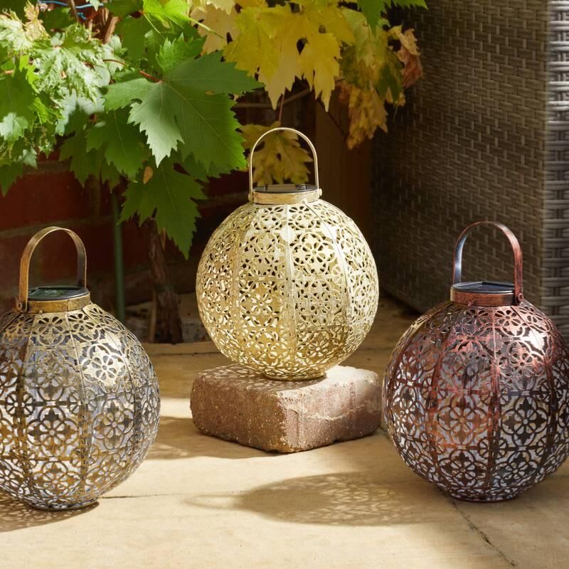 Lampe lanterne solaire métal Damasquette métal finition Gold