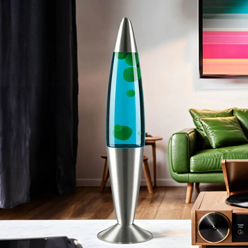 Licht-erlebnisse - Lampe à Lave Jenny argentée au design vintage en style rétro avec liquide bleu et cire verte H:42cm - Vert, bleu, argent