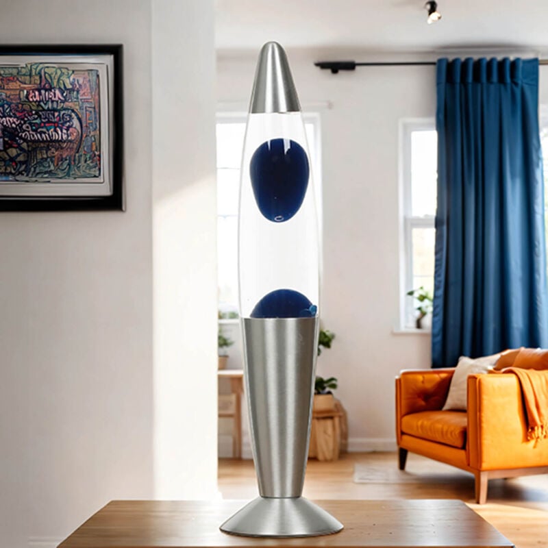 Licht-erlebnisse - Lampe à Lave Timmy au design rétro argenté avec cire bleue et liquide clair H:36 cm