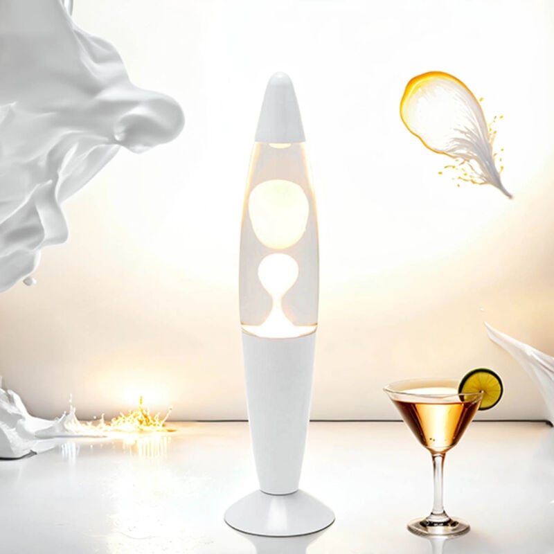 Licht-erlebnisse - Lampe à LaveTimmy au design rétro blanc avec cire blanche et liquide transparent H:36 cm