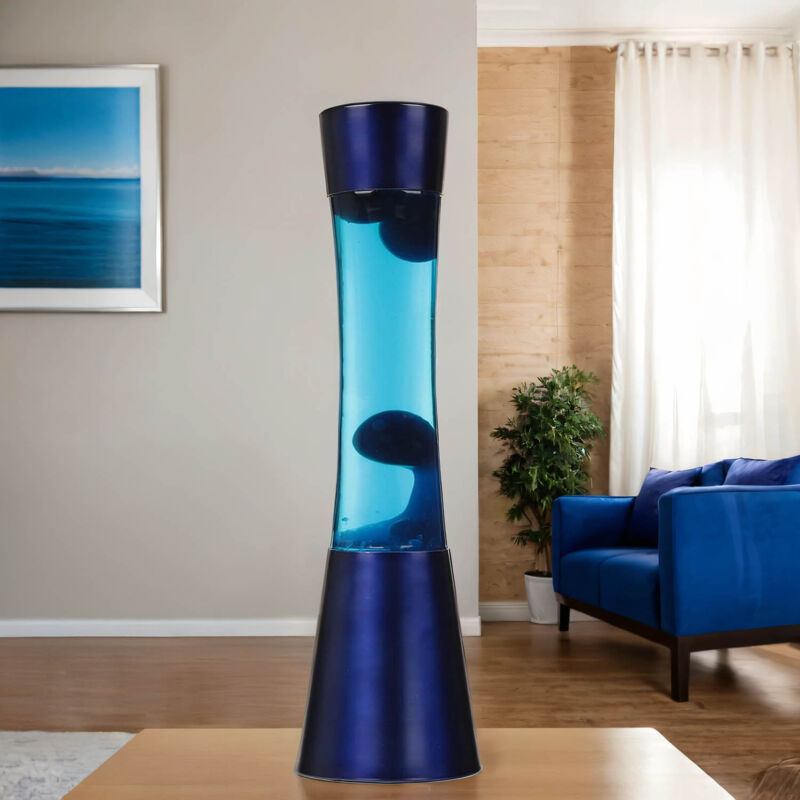 Licht-erlebnisse - Lampe à Lave Ringo au design rétro bleu métallisé avec cire bleue et liquide azur H:39cm - Cire en bleu foncé, liquide en bleu