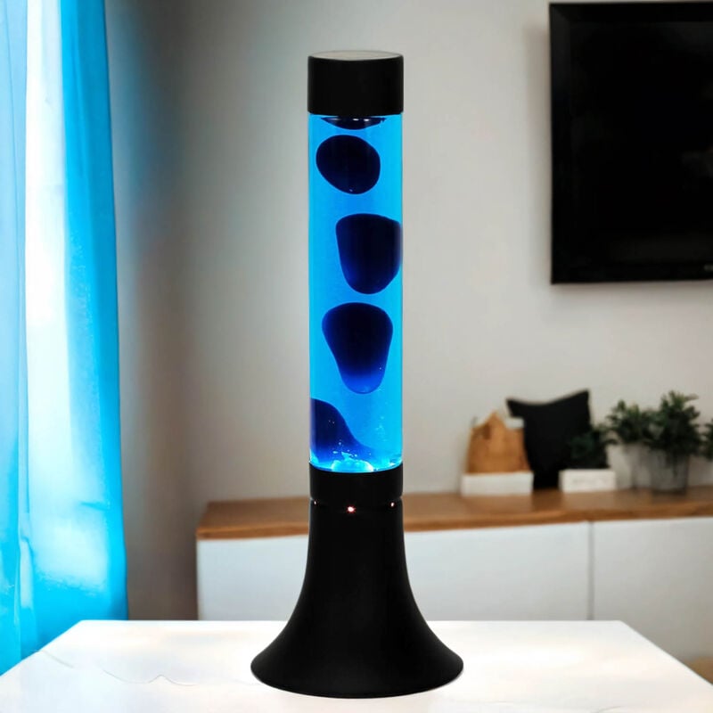 Licht-erlebnisse - Lampe à Lave yvonne au design rétro bleu avec liquide azur et cire bleu nuit Ø13cm H:38 cm E15 - Bleu clair, bleu foncé, blanc