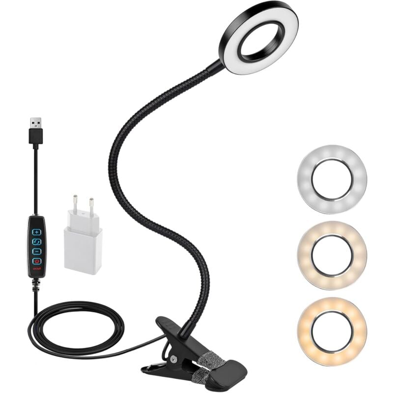 Lampe led à pince flexible à 360° - 3 modes et 10 niveaux de gradation - Pour tête de lit, chambre à coucher, bureau - 12 w - Avec adaptateur ce