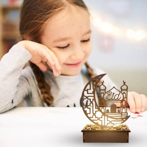 Lampe LED Bois Décor Ramadan Portable éclairage nocturne Eid Ornements Table 15cm x 6cm x 19cm naturel batteries AA