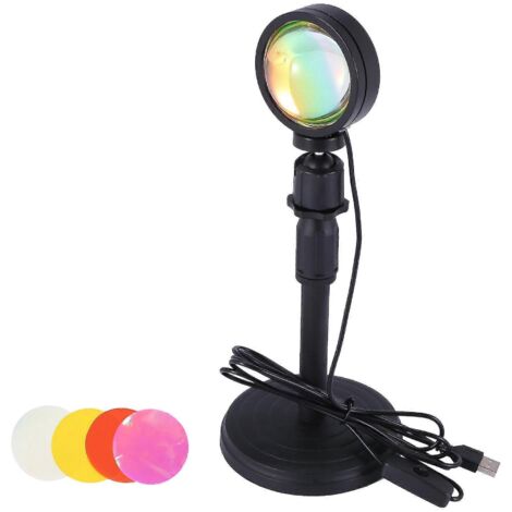 Lampe LED d'ambiance avec projection coucher de soleil 4 en 1, veilleuse, projecteur USB, rotation à 360°, photographie, noir