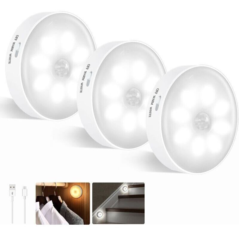 Lampe Led Détecteur de mouvement, Lot de 3, Veilleuse Led, Sans fil Rechargeable Usb-Induction bicolore (lumière blanche + lumière chaude） [Classe