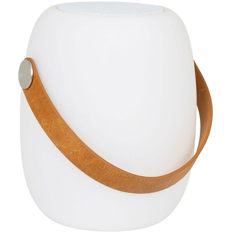 Cardiff lampe extérieure LED avec sangle en cuir, haut-parleur Bluetooth, rechargeable blanche.