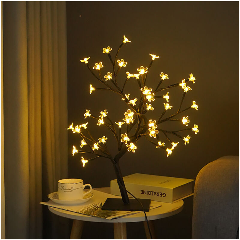 Lampe LED en forme d'arbre bonsaï, USB, décoration de chambre à coucher, veilleuse de Table, noire, 48 lumières Sakura