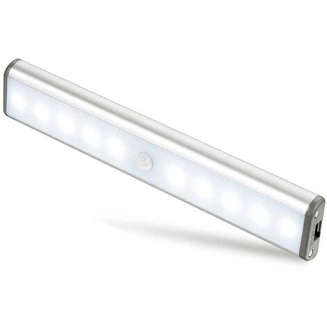 Lampe LED portable à 10 LED, sans fil, rechargeable par USB, aimantée, avec détecteur de mouvement. Lampe de placard, lampe de secours portable, veilleuse pour enfants, modèle supplémentaire, argentée