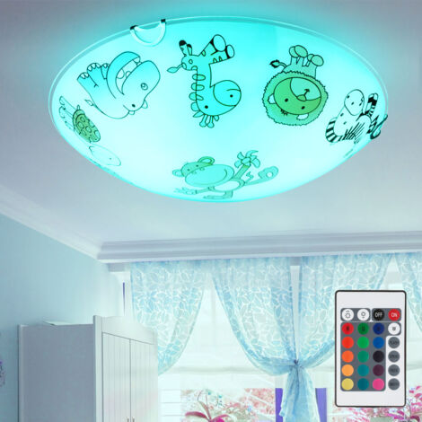 Lampe LED pour enfants à intensité variable avec télécommande plafonnier en verre pour chambre d'enfant ronde, verre coloré avec motifs d'animaux, changement de couleur RVB 2x 8,5W 2x 806lm blanc chau
