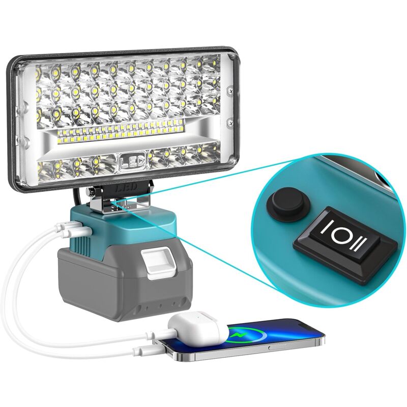 Lampe LED Rechargeable Pour Makita 18V Batterie –60W Projecteur LED Chantier à Double Interrupteur avec Type C/USB Lampe de Travail Pour Garage,