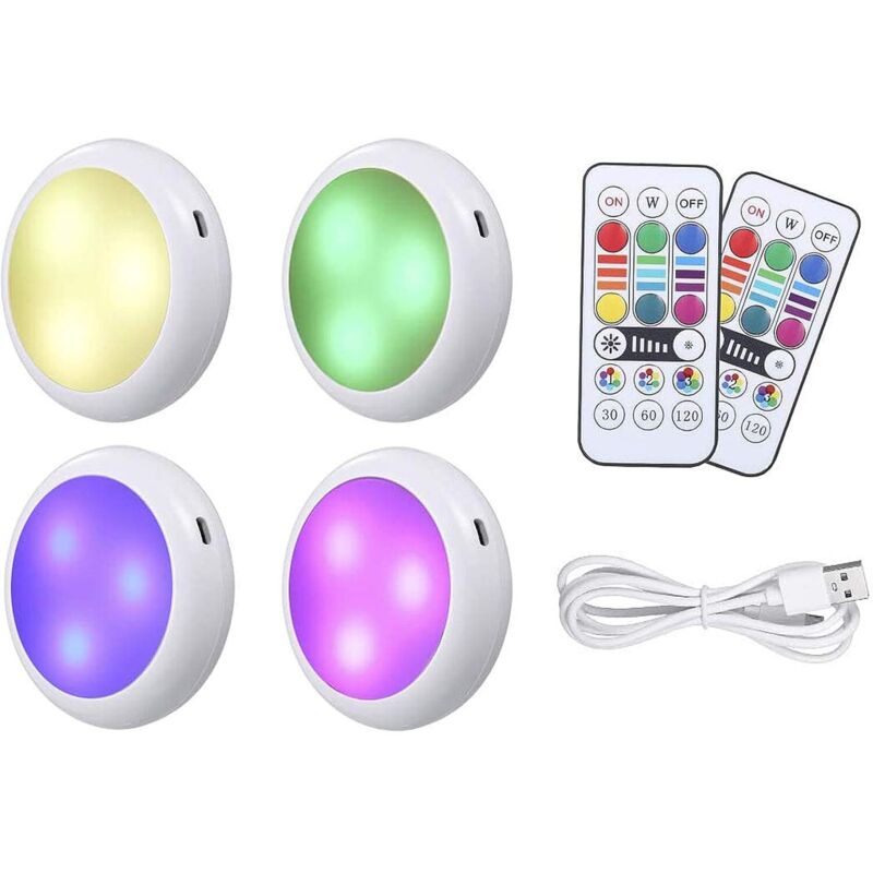 Lampe LED Rechargeable sans Fil pour Sous-Armoires, Télécommande RGB, Luminosité Réglable, Lot de 4 - Idéale pour Cuisine et Bibliothèque