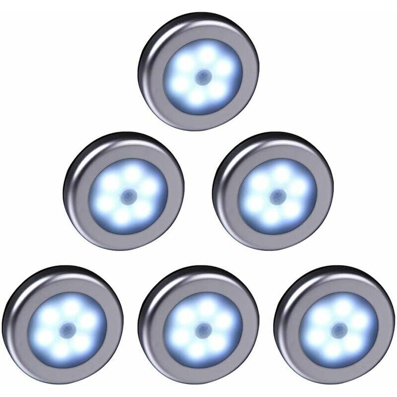 Lampe LED sans fil avec détecteur de mouvement pour placard, escalier, couloir, cuisine, chambre à coucher (6pcs) (coquille d'argent (lumière