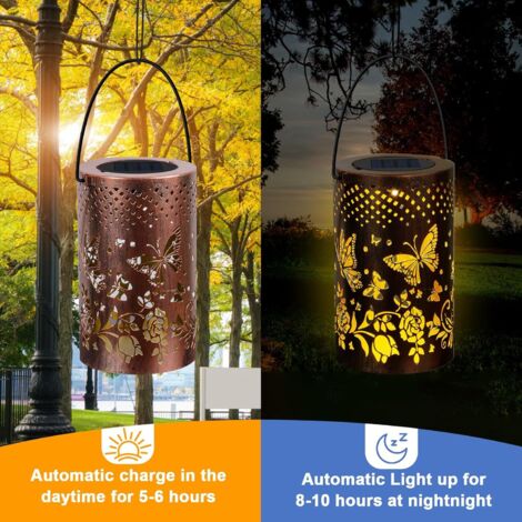 Lampe LED solaire d'extérieur en métal à suspendre en forme de papillon, imperméable, lanterne décorative ajourée, alimentée par LED, pour patio, jardin et allée
