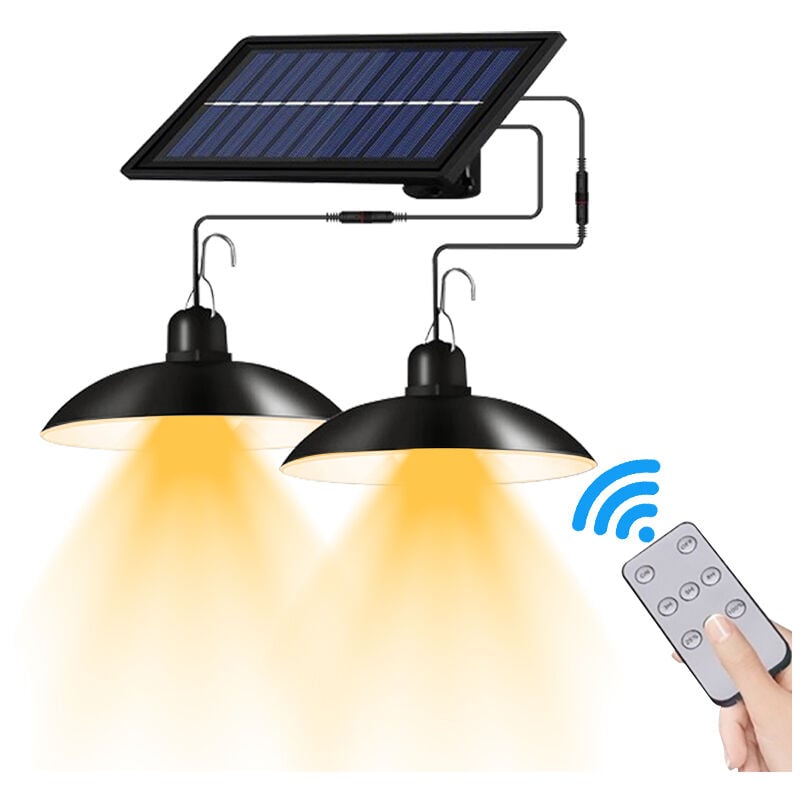 Lampe led Solaire suspendue a Double tete avec telecommande, impermeable conforme a la norme IP65, eclairage d'exterieur et d'interieur, ideal pour