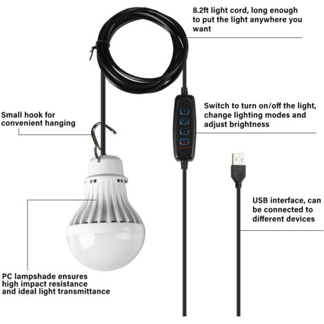 Lampe LED USB Camping avec Crochet - Luminosité & Mode Lumière Naturelle Adjustable (2,5m Cable) - Portable Lumière Blanc Naturel/Blanc Chaud/Chaud Lumière pour Urgence Camping Bivouac Hiking