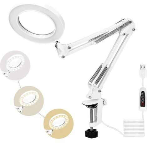 Lampe Loupe 72LED, 5X Loupe de Daylight Bureau avec Pince Métal Modes 3 Couleurs Dimmable pour Réparation l'artisanat,Couture, Lecture(Blanc)