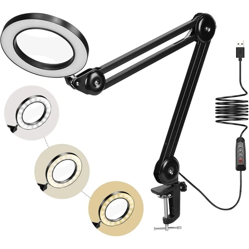 Lampe Loupe 72LED, 5X Loupe de Daylight Bureau avec Pince Métal Modes 3 couleurs Dimmable pour Réparation l'artisanat,Couture, Lecture（Noir）