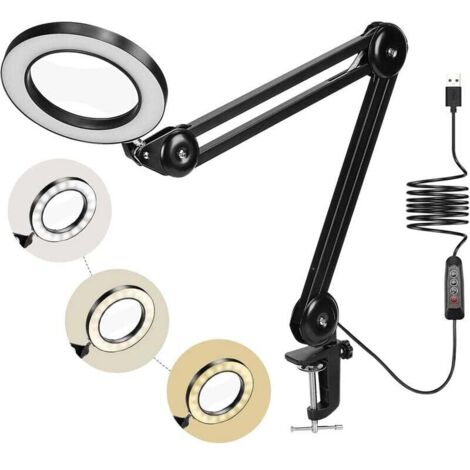 Lampe Loupe 72LED, 5X Loupe de Daylight Bureau avec Pince Métal Modes 3 couleurs Dimmable pour Réparation l'artisanat,Couture, Lecture(Noir)