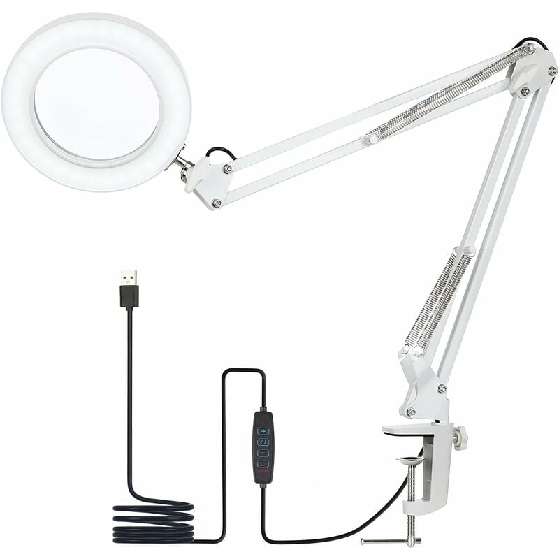Lampe loupe à led avec pince, lampe de bureau 3 couleurs avec luminosité réglable sur 10 niveaux, 5x pour l'impression adaptée à la maison et au