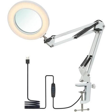 Lampe loupe à LED avec pince, Lampe de Bureau LED, Grossissement 10X,Bras en Métal Réglable,Dimmable Lumière pour la Lecture(blanc)