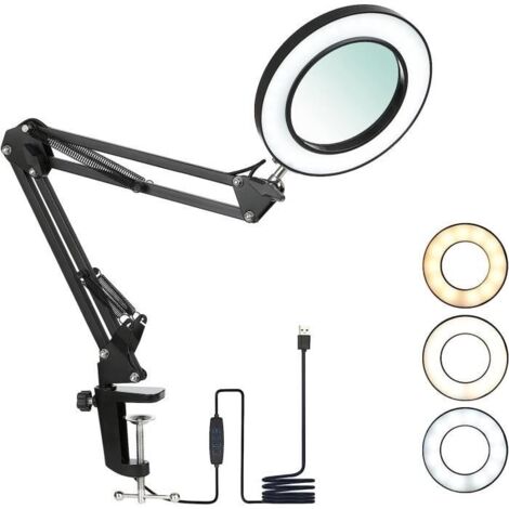 Lampe loupe à LED avec Pince Loupe de 8 Dioptries - 3 Couleurs - Bras Pivotant