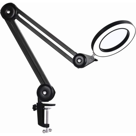 Lampe loupe, lampe de travail - avec lentille en verre 160 mm 5 dioptries, clip en métal, bras pivotant, lumière dimmable en 3 couleurs Noir