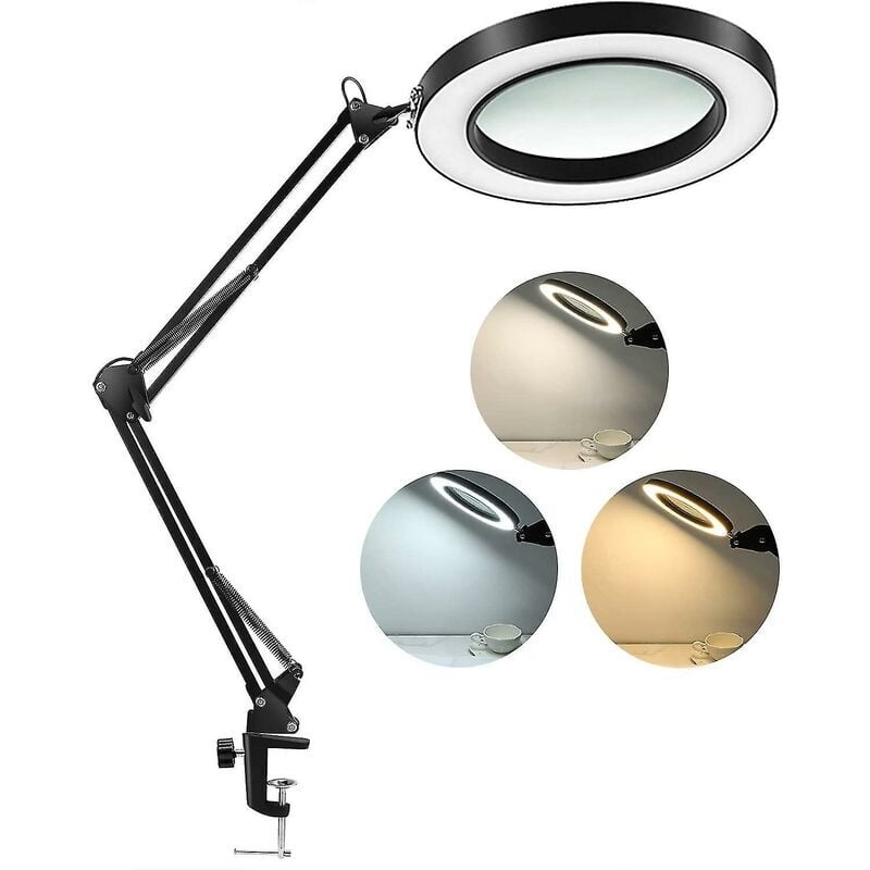 SNQ - Lampe loupe led avec pince, 1 500 lumens à intensité variable en continu, 3 modes de couleur, lentille en verre véritable 5 dioptries 4,3,