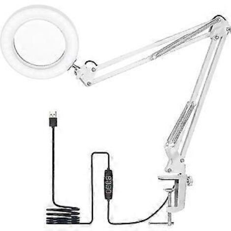 Lampe loupe LED avec pince, lampe de bureau 3 couleurs avec luminosité réglable sur 10 niveaux, grossissement 5x (blanc)