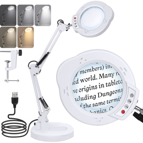Lampe-loupe LED étau lentille 10X, Lampe de lecture de bureau, lumières à intensité variable en mode 5 couleurs, Blanc
