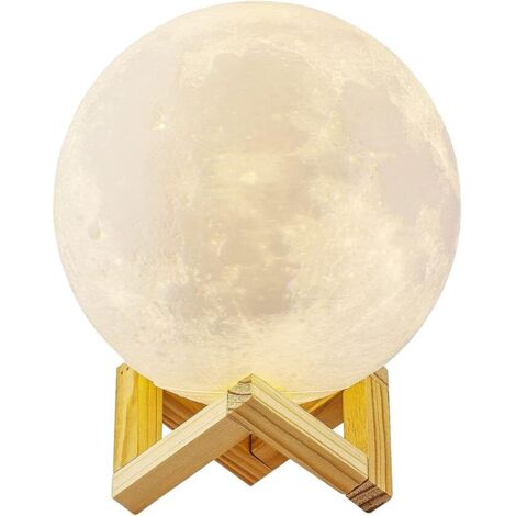 Lampe Lune 3D 15 cm, tactile et à intensité variable, 3 couleurs LED, rechargeable par USB, avec support en bois, idéale pour