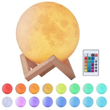 Lampe Lune 3D Veilleuse LED 15CM Dimmable 16 Couleurs avec Télécommande et Interrupteur Tactile USB Rechargeable Lampe de Nuit pour Chambre Salon Café Cadeau Anniversaire Noël