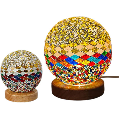 Lampe Marocaine à Base Bois et Verre Mosaïque Style Bohème - USB 3 Couleurs Dimmer Progressif Vert Méditerranée (Pack Standard)