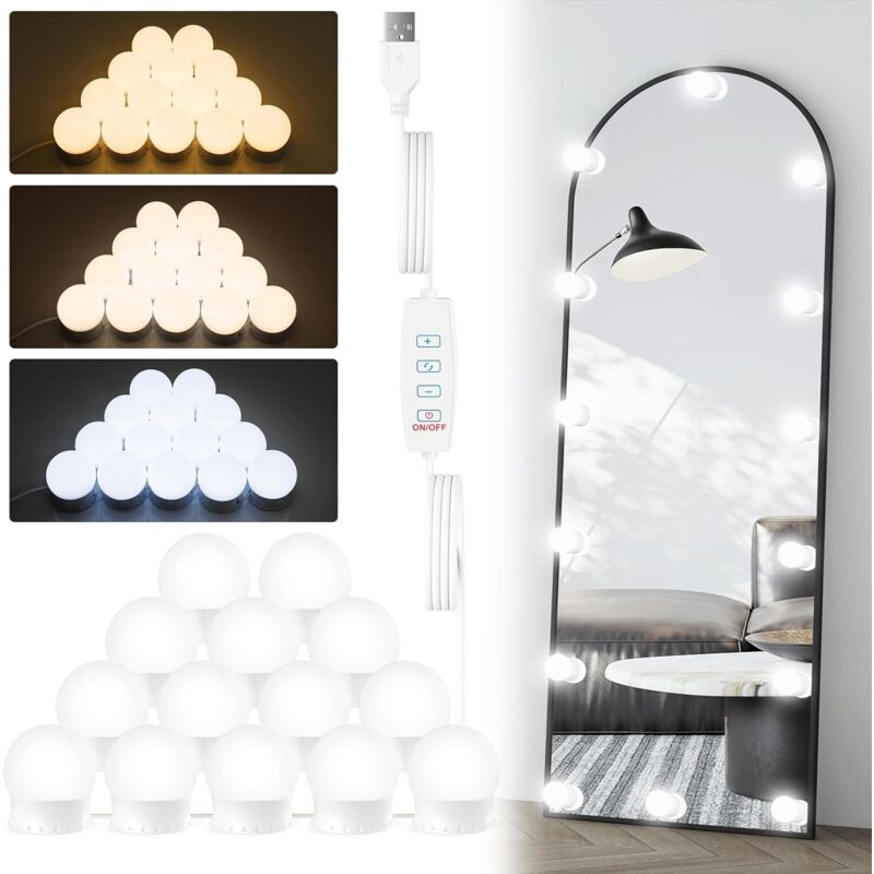 Lampe miroir LED dimmable 14 ampoules 3 couleurs USB maquillage