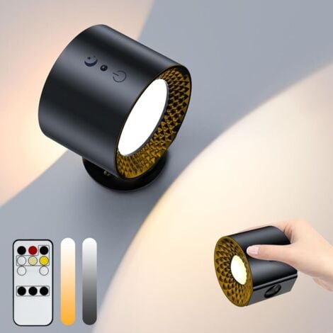 Lampe murale à LED double face avec télécommande, appliques à batterie, contrôle tactile, 3 températures, USB, rechargeables, spots muraux, rotation, à 360°, pour salon (1 pièce  Noir)