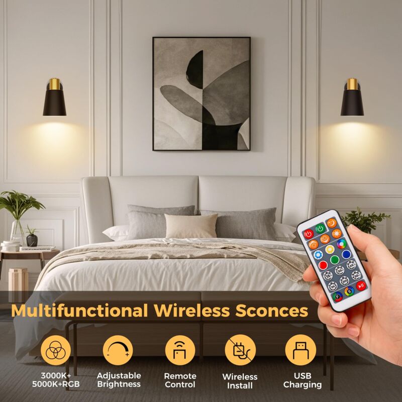 Lampe murale avec télécommande Abat-jour en forme de corne Noir Or Pack de 2 avec ampoule rechargeable