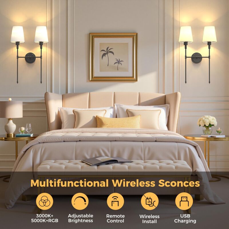 Lampe murale avec télécommande Abat-jour en tissu à double tête Noir mat Pack de 2 avec ampoule rechargeable