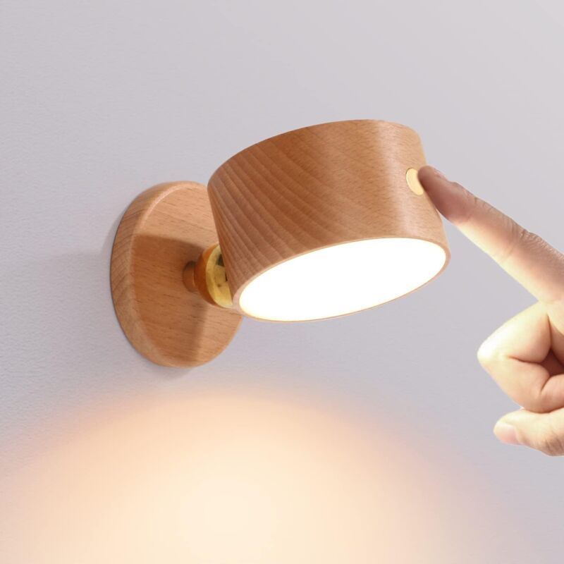 Lampe murale à batterie en bois, lampe murale à Led d'intérieur avec interrupteur tactile, batterie 1500mah, rotation à 360°, rechargeable par usb et