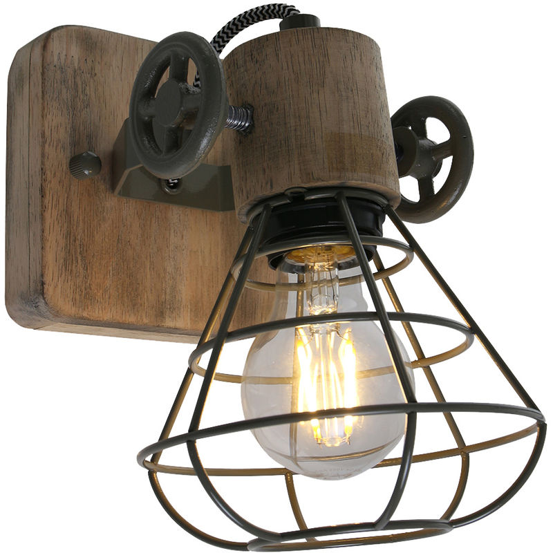 Applique murale en bois industrielle cage lampe spot à filament réglable dans un ensemble comprenant des ampoules LED