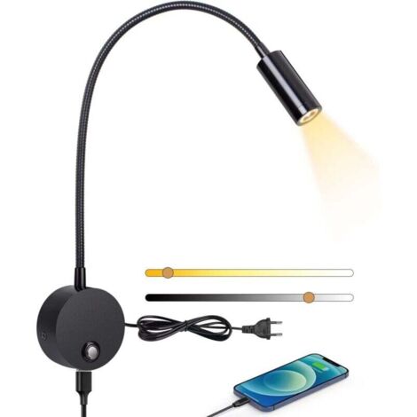 Lampe Murale LED Dimmable Interrupteur Tactile USB Pivotante 360° Chambre 3000-6000K Noir