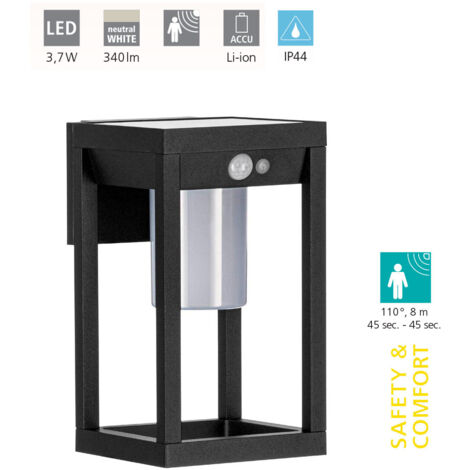 Lampe murale Martano Alu Black LED 3.7W 4000K IP44 L: 18cm B: 15cm H: 27cm avec capteur