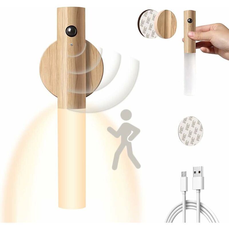 Lampe murale rechargeable USB en bois pour l'intérieur avec détecteur de mouvement inductif, alimentée par batterie, lampe de chevet magnétique blanc