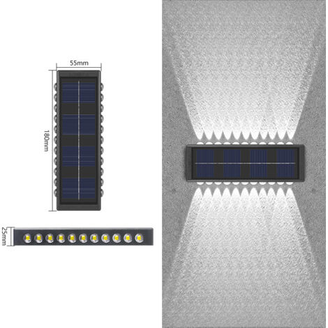 Lampe murale solaire 2 en 1 avec éclairage vertical et horizontal, 22 LED blanc froid, idéale pour clôture, mur extérieur et décoration d’extérieur – sans fil, rechargeable intégrée, résistante aux in