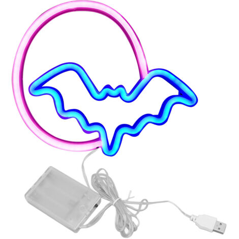 Lampe Néon Lunaire avec Bats - LED USB/Batterie 25x21.5cm PVC Rouge Bleu pour Mur Bar Halloween Décoration